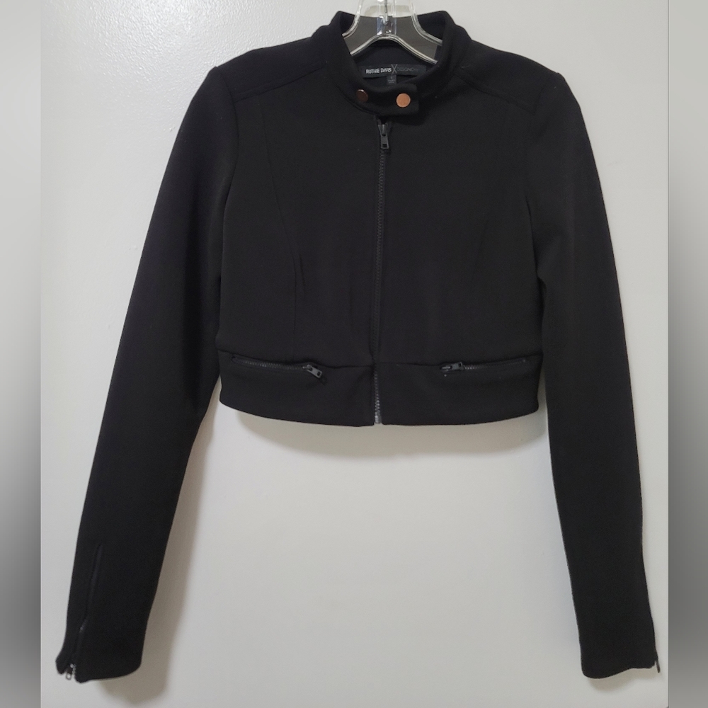 Ruthie Davis X Designow Jacket Jet Black Cropped Ponte Knit Zip Up Biker Small